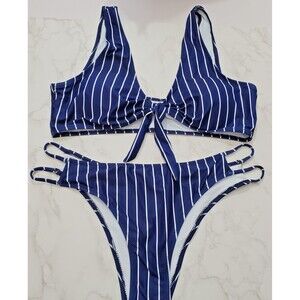 Blooming Jelly 2 Piece Bathing Suit Bikini L High Leg Bow Blue Stripe Beach Pool